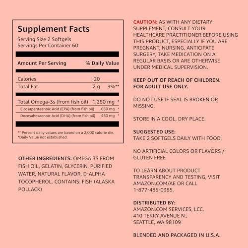 Amazon Elements Super Omega-3 – Wild-Caught Fischöl mit natürlichem Zitronengeschmack, EPA & DHA Omega-3-Fettsäuren, 1280 mg pro Portion, 120 Softgels