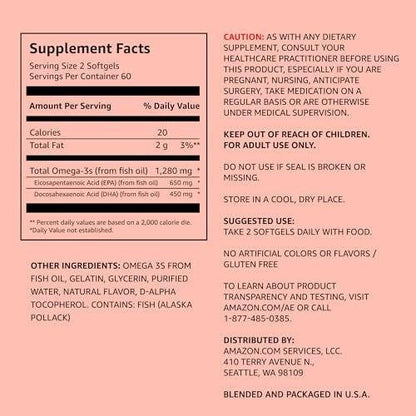 Amazon Elements Super Omega-3 – Wild-Caught Fischöl mit natürlichem Zitronengeschmack, EPA & DHA Omega-3-Fettsäuren, 1280 mg pro Portion, 120 Softgels