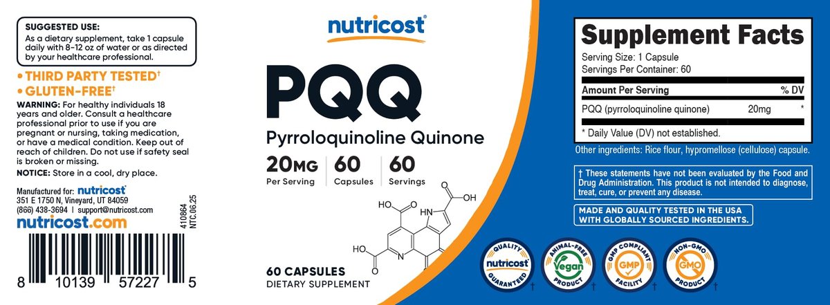 Nutricost PQQ (Pyrrolochinolinchinon) 20 mg, 60 Kapseln – Vegetarische Kapseln, Nicht-GVO, Glutenfrei