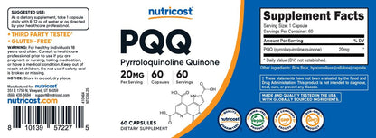 Nutricost PQQ (Pyrrolochinolinchinon) 20 mg, 60 Kapseln – Vegetarische Kapseln, Nicht-GVO, Glutenfrei