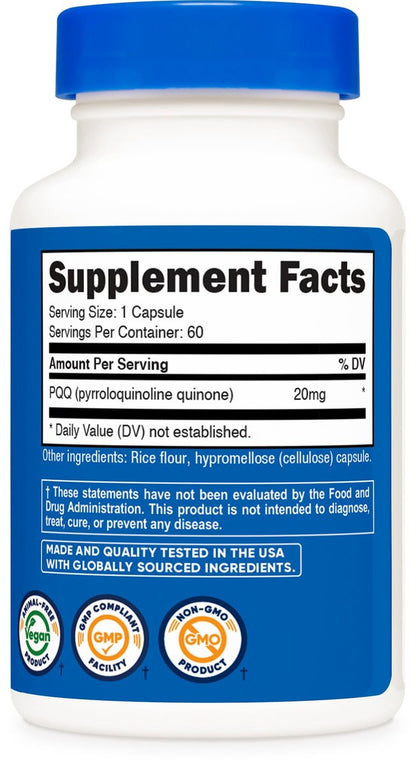 Nutricost PQQ (Pyrrolochinolinchinon) 20 mg, 60 Kapseln – Vegetarische Kapseln, Nicht-GVO, Glutenfrei