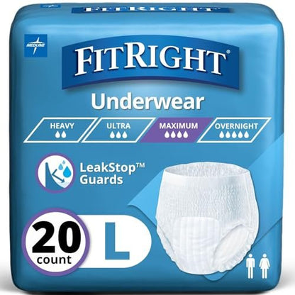 FitRight Super Protective Inkontinenzunterwäsche für Damen und Herren, maximale Saugfähigkeit, Größe Large (Taille 100-140 cm), zuverlässiger Komfort und Auslaufschutz, 20 Stück