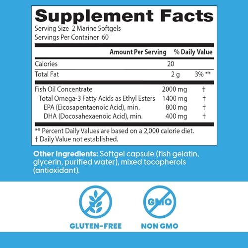 Doctor's Best Omega 3 Fischöl Kapseln für Frauen & Männer – Hochdosiert 2000 mg, DHA, EPA & Omega-3-Fettsäuren, gereinigt, Herzunterstützung, Non-GMO, glutenfrei – 120 Softgels