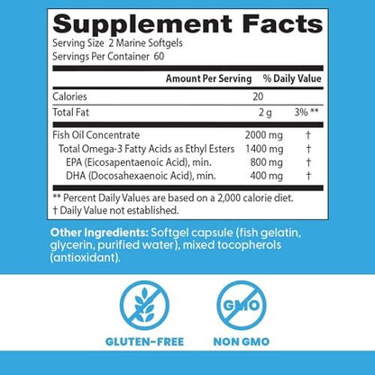 Doctor's Best Omega 3 Fischöl Kapseln für Frauen & Männer – Hochdosiert 2000 mg, DHA, EPA & Omega-3-Fettsäuren, gereinigt, Herzunterstützung, Non-GMO, glutenfrei – 120 Softgels