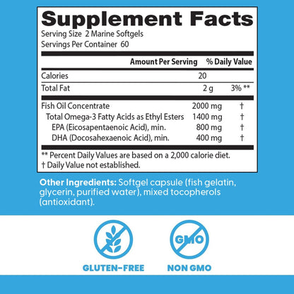 Doctor's Best Omega 3 Fischöl Kapseln für Frauen & Männer – Hochdosiert 2000 mg, DHA, EPA & Omega-3-Fettsäuren, gereinigt, Herzunterstützung, Non-GMO, glutenfrei – 120 Softgels