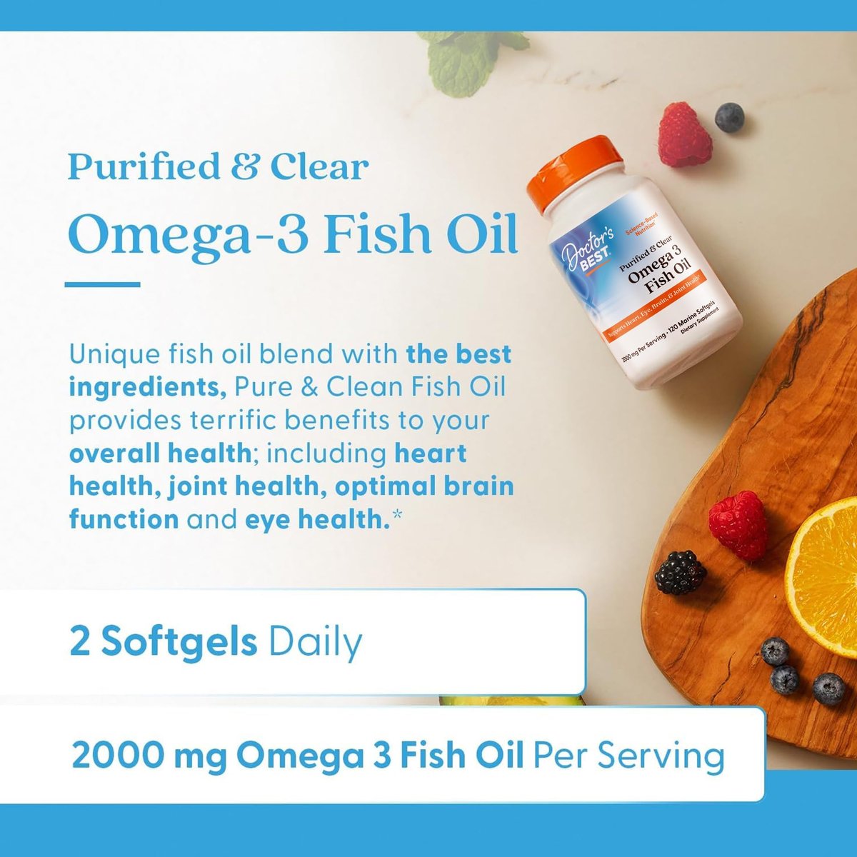 Doctor's Best Omega 3 Fischöl Kapseln für Frauen & Männer – Hochdosiert 2000 mg, DHA, EPA & Omega-3-Fettsäuren, gereinigt, Herzunterstützung, Non-GMO, glutenfrei – 120 Softgels