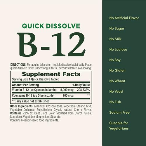 Vitamin B12 von Nature's Bounty, Schnell lösliche Tabletten, Unterstützt Energiestoffwechsel und Nervensystem, 5000mcg, 40 Tabletten (2er-Pack)