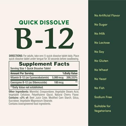 Vitamin B12 von Nature's Bounty, Schnell lösliche Tabletten, Unterstützt Energiestoffwechsel und Nervensystem, 5000mcg, 40 Tabletten (2er-Pack)