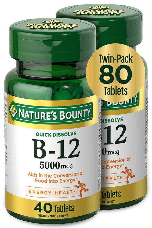 Vitamin B12 von Nature's Bounty, Schnell lösliche Tabletten, Unterstützt Energiestoffwechsel und Nervensystem, 5000mcg, 40 Tabletten (2er-Pack)