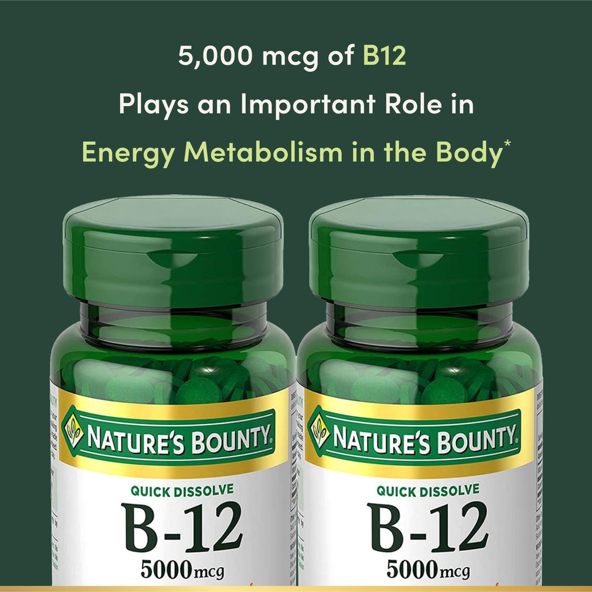 Vitamin B12 von Nature's Bounty, Schnell lösliche Tabletten, Unterstützt Energiestoffwechsel und Nervensystem, 5000mcg, 40 Tabletten (2er-Pack)