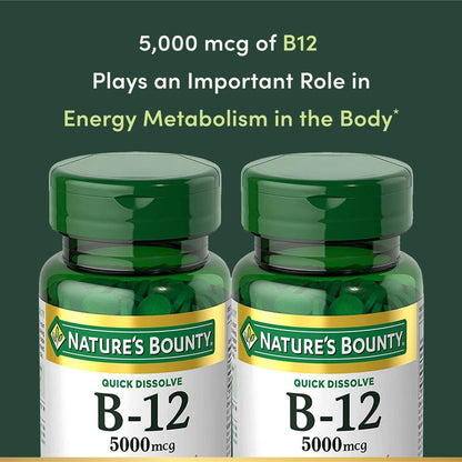 Vitamin B12 von Nature's Bounty, Schnell lösliche Tabletten, Unterstützt Energiestoffwechsel und Nervensystem, 5000mcg, 40 Tabletten (2er-Pack)