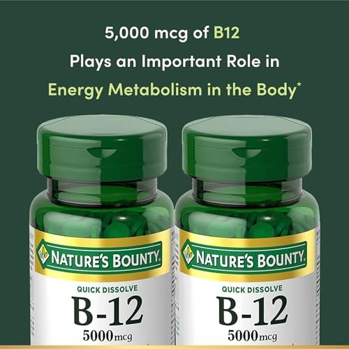 Vitamin B12 von Nature's Bounty, Schnell lösliche Tabletten, Unterstützt Energiestoffwechsel und Nervensystem, 5000mcg, 40 Tabletten (2er-Pack)