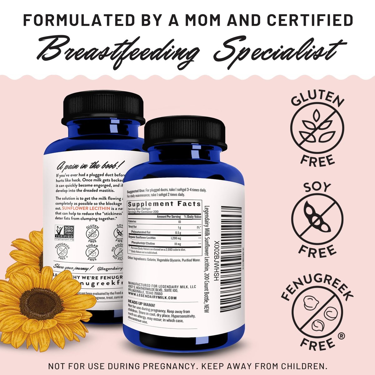 Legendairy Milk Sonnenblumen-Lecithin 1200 mg – Stillunterstützung, Nahrungsergänzungsmittel bei verstopften Milchgängen, hergestellt in den USA, 200 Softgels