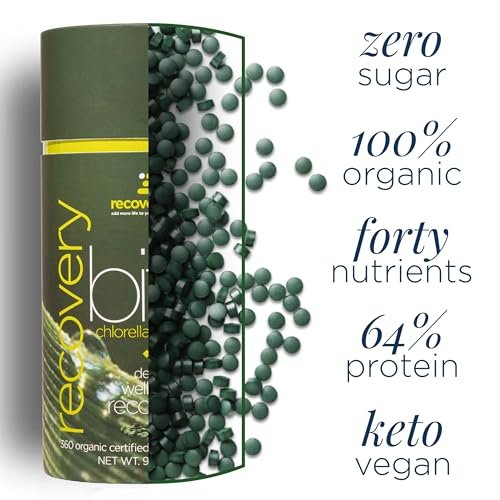RECOVERYbits Bio-Chlorella Algen Tabletten – Superfood, reine Grünalge, hoher Protein- und Ballaststoffgehalt, Chlorophyll, aufgebrochene Zellwände, nicht bestrahlt, zur Stärkung des Immunsystems und Entgiftung, 60 Tabletten