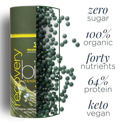 RECOVERYbits Bio-Chlorella Algen Tabletten – Superfood, reine Grünalge, hoher Protein- und Ballaststoffgehalt, Chlorophyll, aufgebrochene Zellwände, nicht bestrahlt, zur Stärkung des Immunsystems und Entgiftung, 60 Tabletten