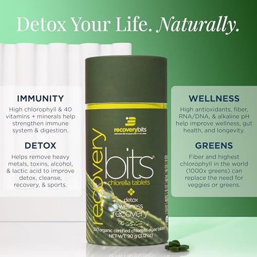 RECOVERYbits Bio-Chlorella Algen Tabletten – Superfood, reine Grünalge, hoher Protein- und Ballaststoffgehalt, Chlorophyll, aufgebrochene Zellwände, nicht bestrahlt, zur Stärkung des Immunsystems und Entgiftung, 60 Tabletten