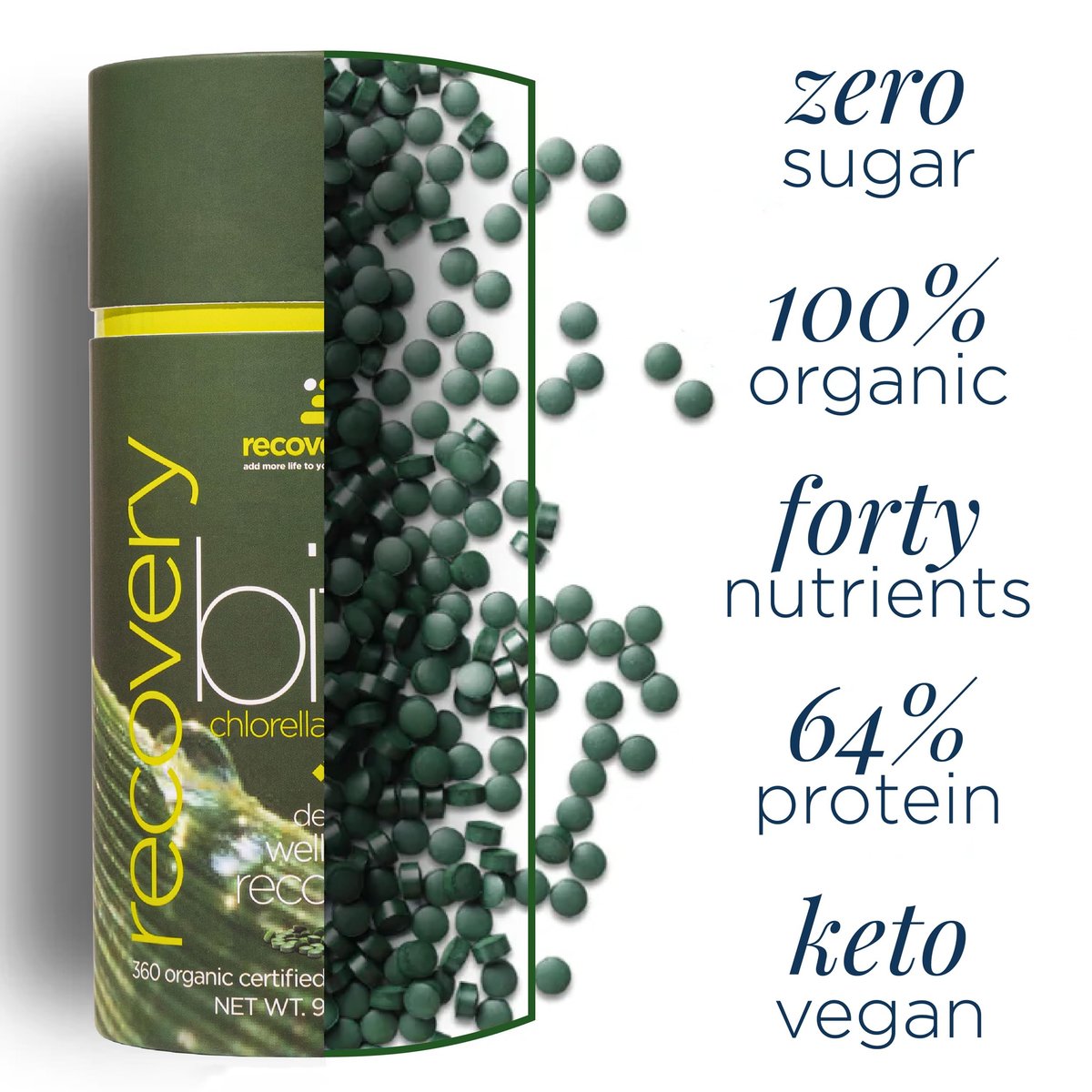 RECOVERYbits Bio-Chlorella Algen Tabletten – Superfood, reine Grünalge, hoher Protein- und Ballaststoffgehalt, Chlorophyll, aufgebrochene Zellwände, nicht bestrahlt, zur Stärkung des Immunsystems und Entgiftung, 60 Tabletten