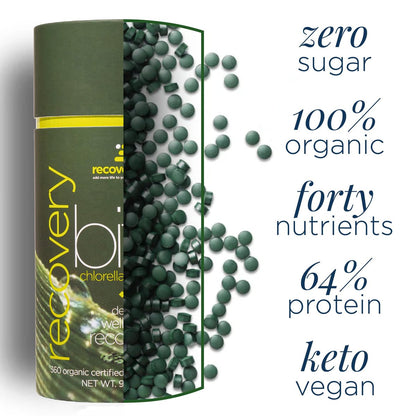 RECOVERYbits Bio-Chlorella Algen Tabletten – Superfood, reine Grünalge, hoher Protein- und Ballaststoffgehalt, Chlorophyll, aufgebrochene Zellwände, nicht bestrahlt, zur Stärkung des Immunsystems und Entgiftung, 60 Tabletten