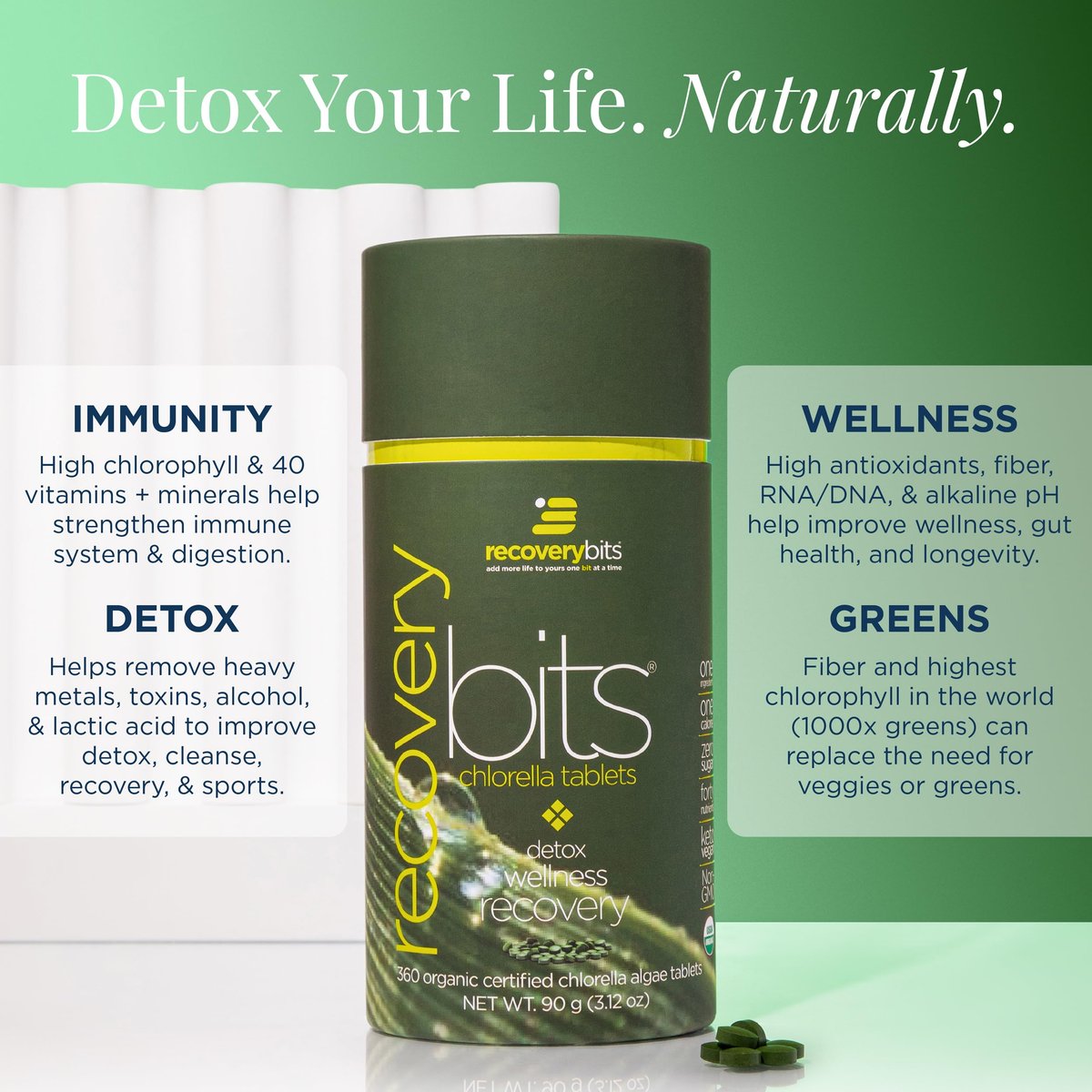 RECOVERYbits Bio-Chlorella Algen Tabletten – Superfood, reine Grünalge, hoher Protein- und Ballaststoffgehalt, Chlorophyll, aufgebrochene Zellwände, nicht bestrahlt, zur Stärkung des Immunsystems und Entgiftung, 60 Tabletten