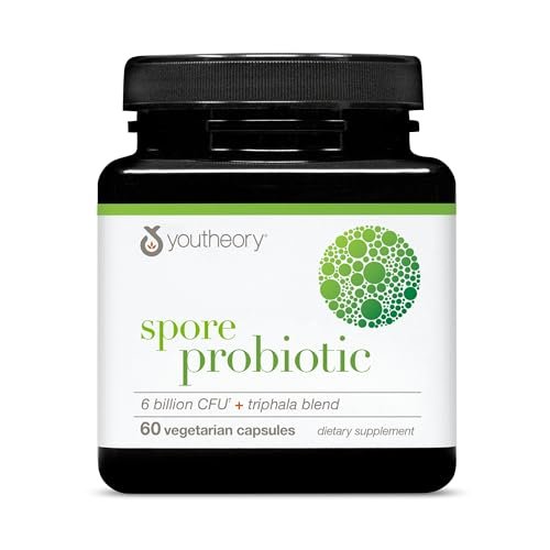 Youtheory Spore Probiotikum – 6 Milliarden KBE mit Präbiotika für die Darmgesundheit, unterstützt regelmäßigen Stuhlgang und Durchfall-Linderung* – Haltbar bei Raumtemperatur – 60 vegane Kapseln (30-Tage-Versorgung)