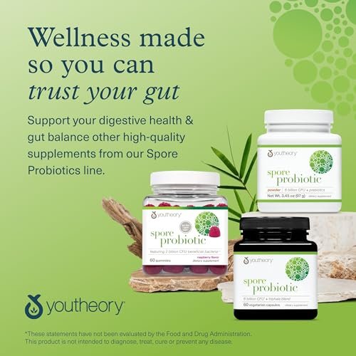 Youtheory Spore Probiotikum – 6 Milliarden KBE mit Präbiotika für die Darmgesundheit, unterstützt regelmäßigen Stuhlgang und Durchfall-Linderung* – Haltbar bei Raumtemperatur – 60 vegane Kapseln (30-Tage-Versorgung)