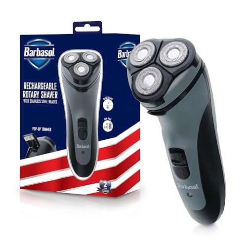 Barbasol Rotationsrasierer, wiederaufladbarer elektrischer Rotationsrasierer mit Edelstahlklingen, Pop-Up-Trimmer, kabelloser Rasierer, gründliche Rasur, volle 8-Stunden-Ladung bietet 45 Minuten Laufzeit