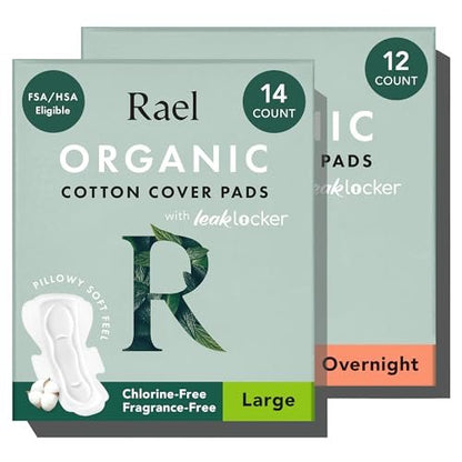Rael Damenbinden für Frauen, Bio-Baumwoll-Oberfläche – Starke Saugfähigkeit, Damenhygiene, ultradünne, parfümfreie Binden mit Flügeln (Übernacht, Groß) im 2er-Set