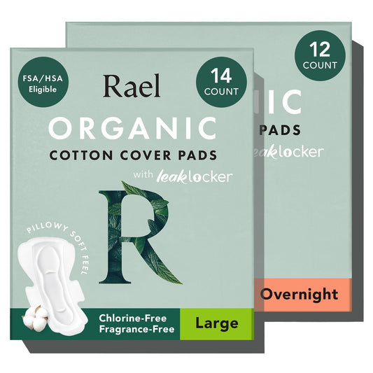Rael Damenbinden für Frauen, Bio-Baumwoll-Oberfläche – Starke Saugfähigkeit, Damenhygiene, ultradünne, parfümfreie Binden mit Flügeln (Übernacht, Groß) im 2er-Set