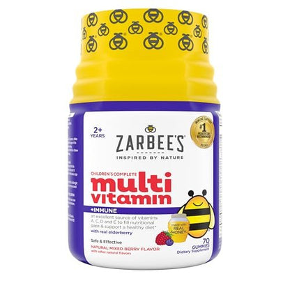 Zarbee's Komplette Multivitamin-Gummis für Kinder mit Immununterstützung, Kindervitamine mit Vitamin A, C, D3, E, B6, B12, Folsäure & B-Komplex, 70 Stück