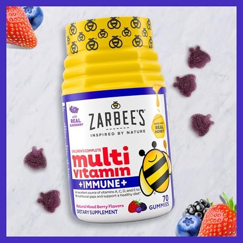 Zarbee's Komplette Multivitamin-Gummis für Kinder mit Immununterstützung, Kindervitamine mit Vitamin A, C, D3, E, B6, B12, Folsäure & B-Komplex, 70 Stück