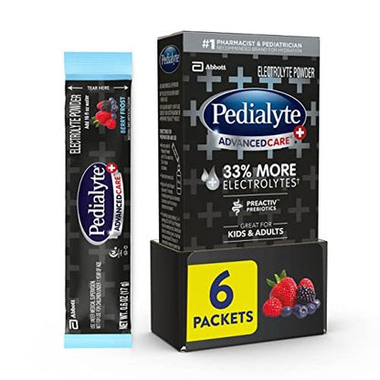Pedialyte AdvancedCare Plus Elektrolyt-Pulver mit 33% mehr Elektrolyten und PreActiv-Präbiotika, Beerenfrost, 6 Beutel