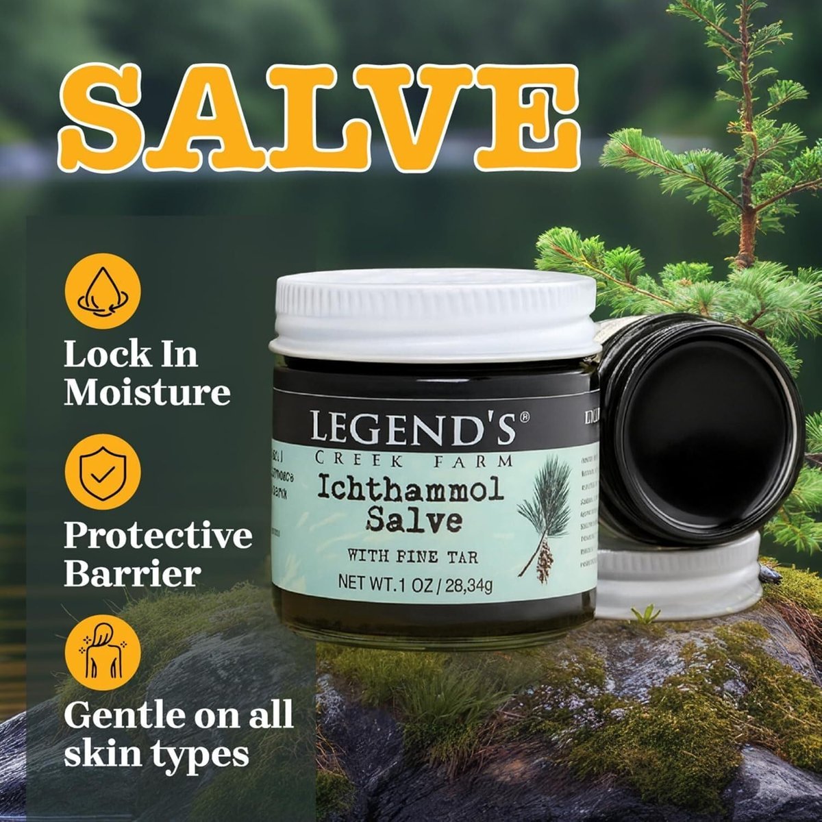 Legend's Creek Farm Heilsalbe mit 20% Ichthammol - Natürlicher Balsam für Stiche & Splitter - 1 Unze - Handgefertigt in den USA (Ichthammol Kiefernteer)