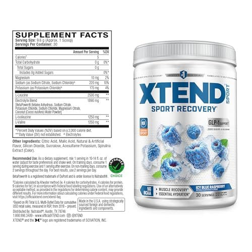 XTEND Sport BCAA Pulver Blauer Himbeer-Eis – Elektrolytpulver für Erholung & Hydration mit Aminosäuren – 30 Portionen