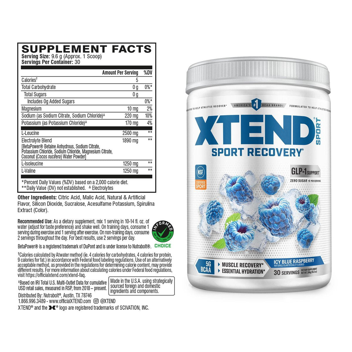 XTEND Sport BCAA Pulver Blauer Himbeer-Eis – Elektrolytpulver für Erholung & Hydration mit Aminosäuren – 30 Portionen