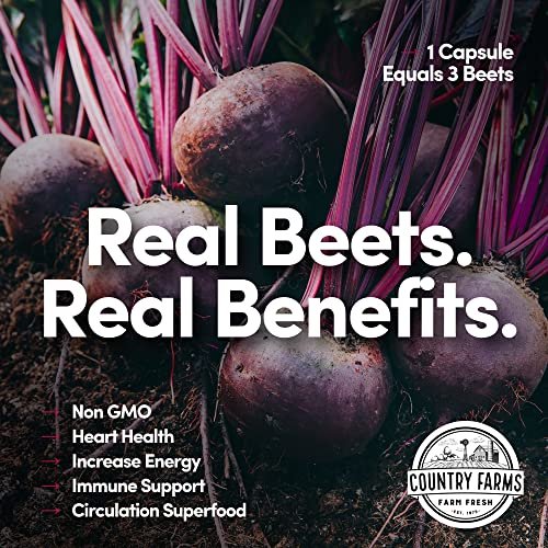 Country Farms Bountiful Beets Kapseln – Vollwert-Rote-Bete-Extrakt Superfood, natürlicher Stickstoffmonoxid-Booster, Rote-Bete-Pulver, Kreislauf- und Immununterstützung, 90 Kapseln, 90 Portionen