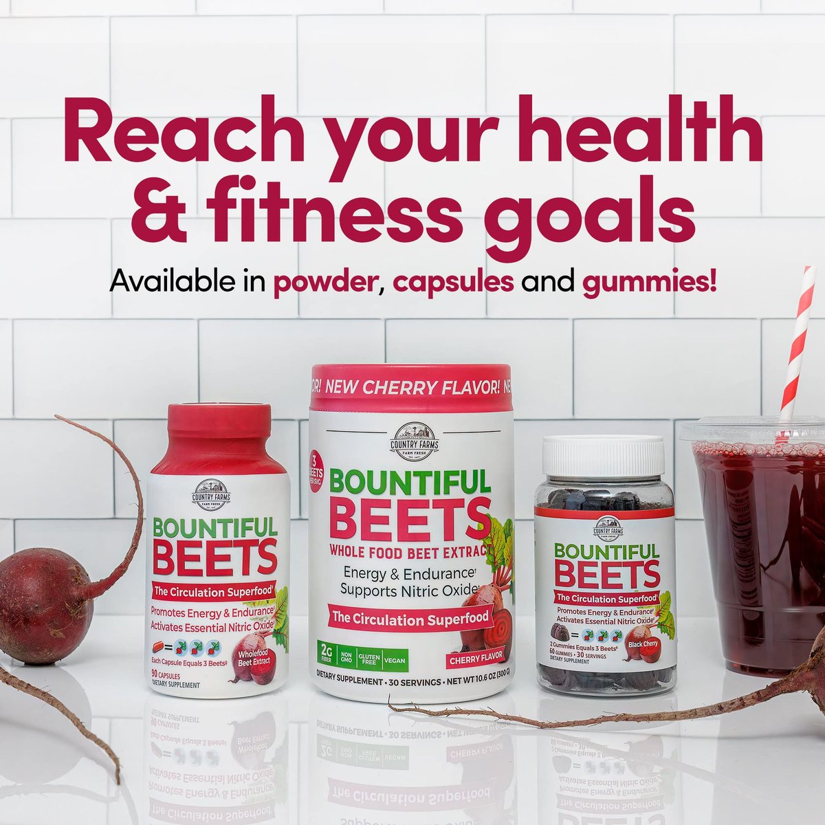 Country Farms Bountiful Beets Kapseln – Vollwert-Rote-Bete-Extrakt Superfood, natürlicher Stickstoffmonoxid-Booster, Rote-Bete-Pulver, Kreislauf- und Immununterstützung, 90 Kapseln, 90 Portionen