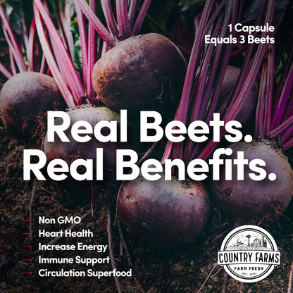 Country Farms Bountiful Beets Kapseln – Vollwert-Rote-Bete-Extrakt Superfood, natürlicher Stickstoffmonoxid-Booster, Rote-Bete-Pulver, Kreislauf- und Immununterstützung, 90 Kapseln, 90 Portionen