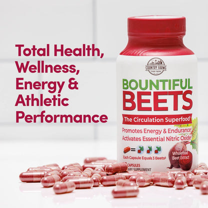 Country Farms Bountiful Beets Kapseln – Vollwert-Rote-Bete-Extrakt Superfood, natürlicher Stickstoffmonoxid-Booster, Rote-Bete-Pulver, Kreislauf- und Immununterstützung, 90 Kapseln, 90 Portionen
