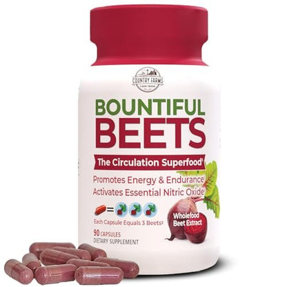 Country Farms Bountiful Beets Kapseln – Vollwert-Rote-Bete-Extrakt Superfood, natürlicher Stickstoffmonoxid-Booster, Rote-Bete-Pulver, Kreislauf- und Immununterstützung, 90 Kapseln, 90 Portionen