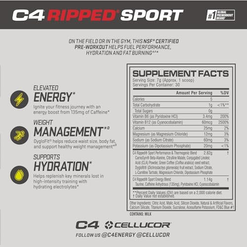 C4 Ripped Sport Pre Workout Pulver Arctic Snow Cone - Zuckerfreies Pre-Workout für Männer & Frauen mit Koffein & Gewichtsverlust - 30 Portionen