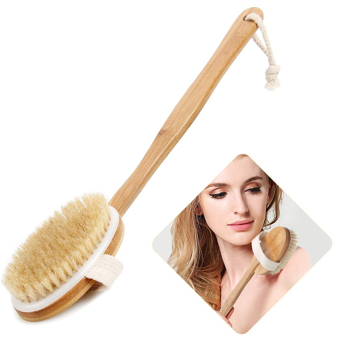 Bath Body Brush & Shower, Trockenbürsten mit 100% Naturborsten und 16 Zoll langem Bambus-Abtrennbarem Griff, Rückenbürste zum Peeling und zur Anregung der Durchblutung - von Qlben