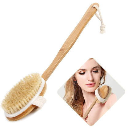 Bath Body Brush & Shower, Trockenbürsten mit 100% Naturborsten und 16 Zoll langem Bambus-Abtrennbarem Griff, Rückenbürste zum Peeling und zur Anregung der Durchblutung - von Qlben
