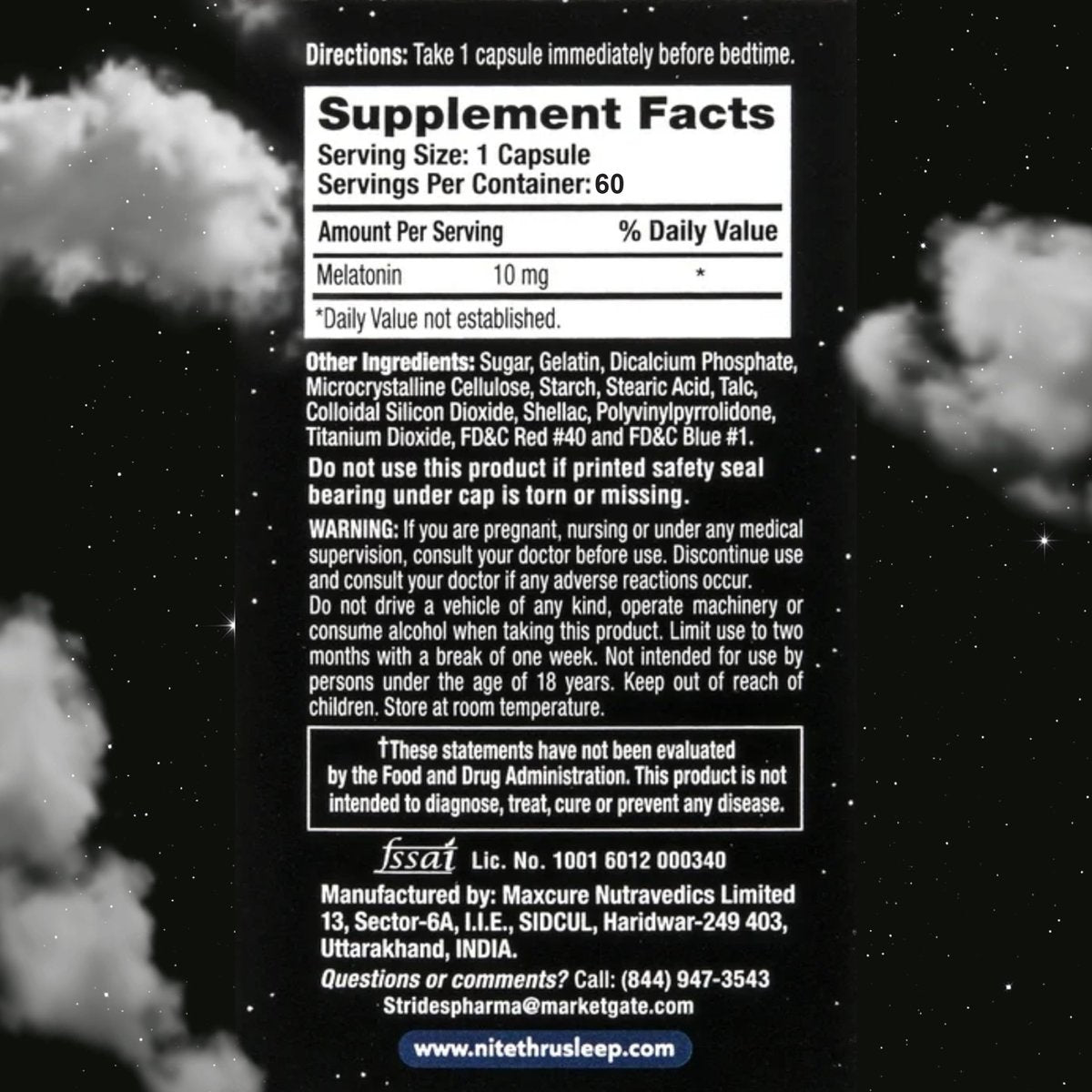 Nite Thru Advanced Sleep Aid Melatonin Nahrungsergänzungsmittel, 10mg Kapseln, 60 Stück