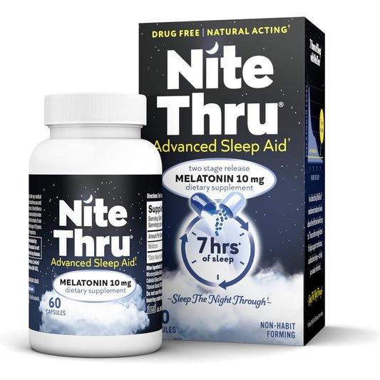 Nite Thru Advanced Sleep Aid Melatonin Nahrungsergänzungsmittel, 10mg Kapseln, 60 Stück