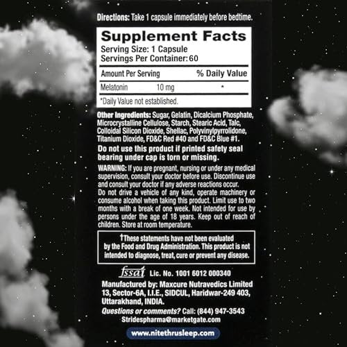 Nite Thru Advanced Sleep Aid Melatonin Nahrungsergänzungsmittel, 10mg Kapseln, 60 Stück