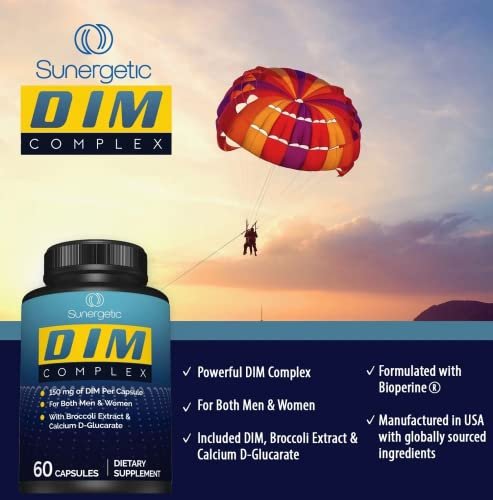 Sunergetic Premium DIM Komplex – 150 mg Diindolylmethan, Brokkoli, Calcium-D-Glucarat & Bioperin für Männer & Frauen – DIM-Komplex zur Unterstützung in den Wechseljahren & Hormonbalance – 60 Kapseln