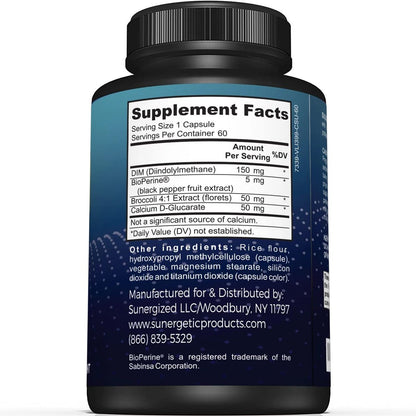 Sunergetic Premium DIM Komplex – 150 mg Diindolylmethan, Brokkoli, Calcium-D-Glucarat & Bioperin für Männer & Frauen – DIM-Komplex zur Unterstützung in den Wechseljahren & Hormonbalance – 60 Kapseln