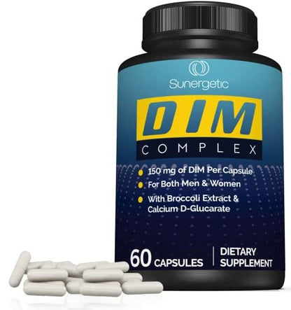 Sunergetic Premium DIM Komplex – 150 mg Diindolylmethan, Brokkoli, Calcium-D-Glucarat & Bioperin für Männer & Frauen – DIM-Komplex zur Unterstützung in den Wechseljahren & Hormonbalance – 60 Kapseln