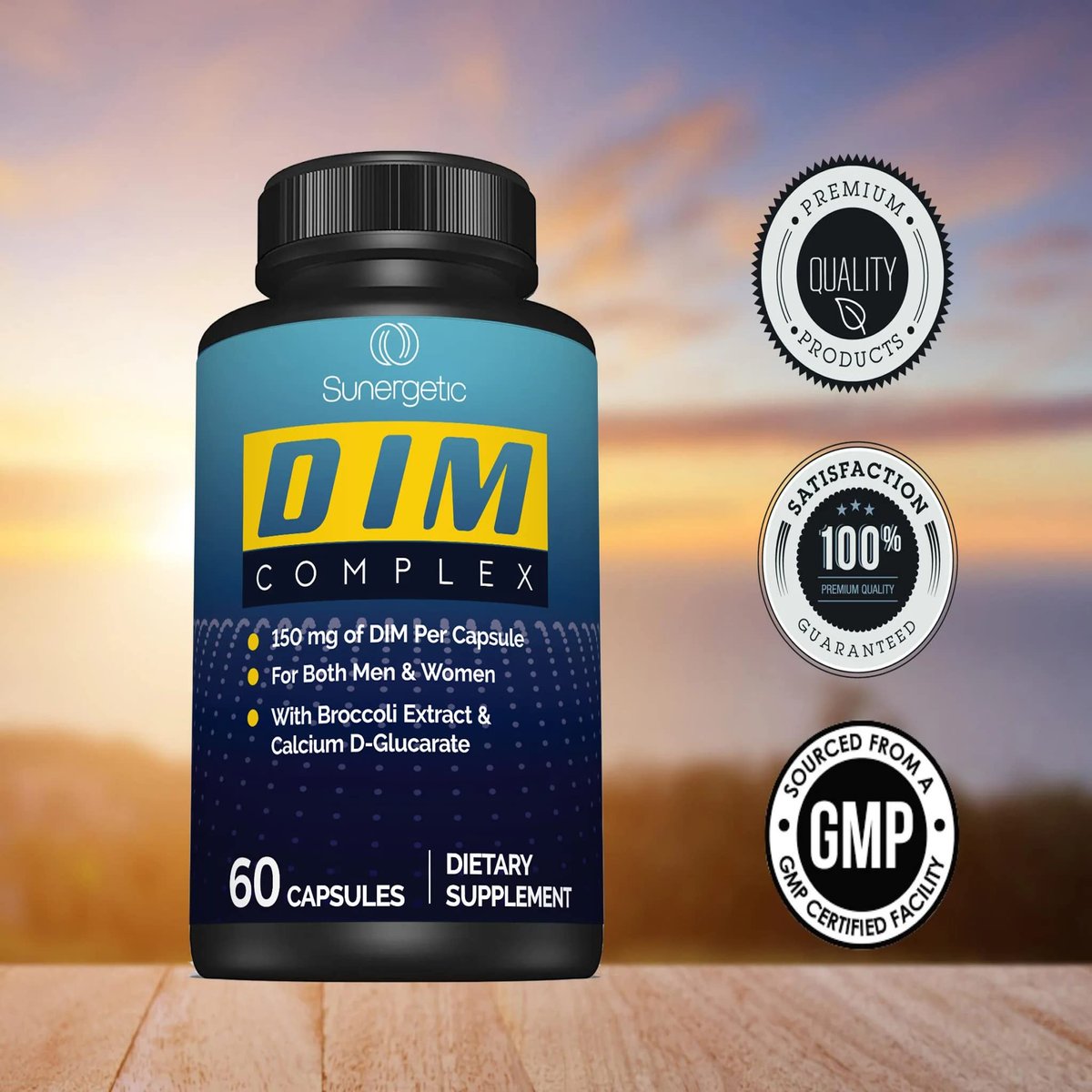 Sunergetic Premium DIM Komplex – 150 mg Diindolylmethan, Brokkoli, Calcium-D-Glucarat & Bioperin für Männer & Frauen – DIM-Komplex zur Unterstützung in den Wechseljahren & Hormonbalance – 60 Kapseln