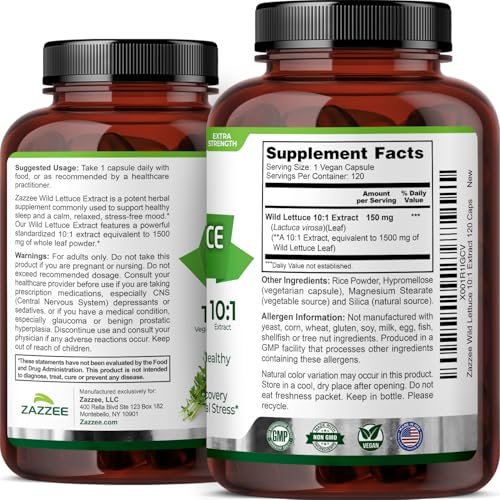 Zazzee Extra Starkes Wild Lettuce 10:1 Extrakt, 120 Vegane Kapseln, 4 Monate Vorrat, Lactuca Virosa, Entspannung, Ruhe & Stimmungsunterstützung, Konzentrierter 10X Extrakt, 100% Vegetarisch, Nicht-GVO, Hergestellt in den USA